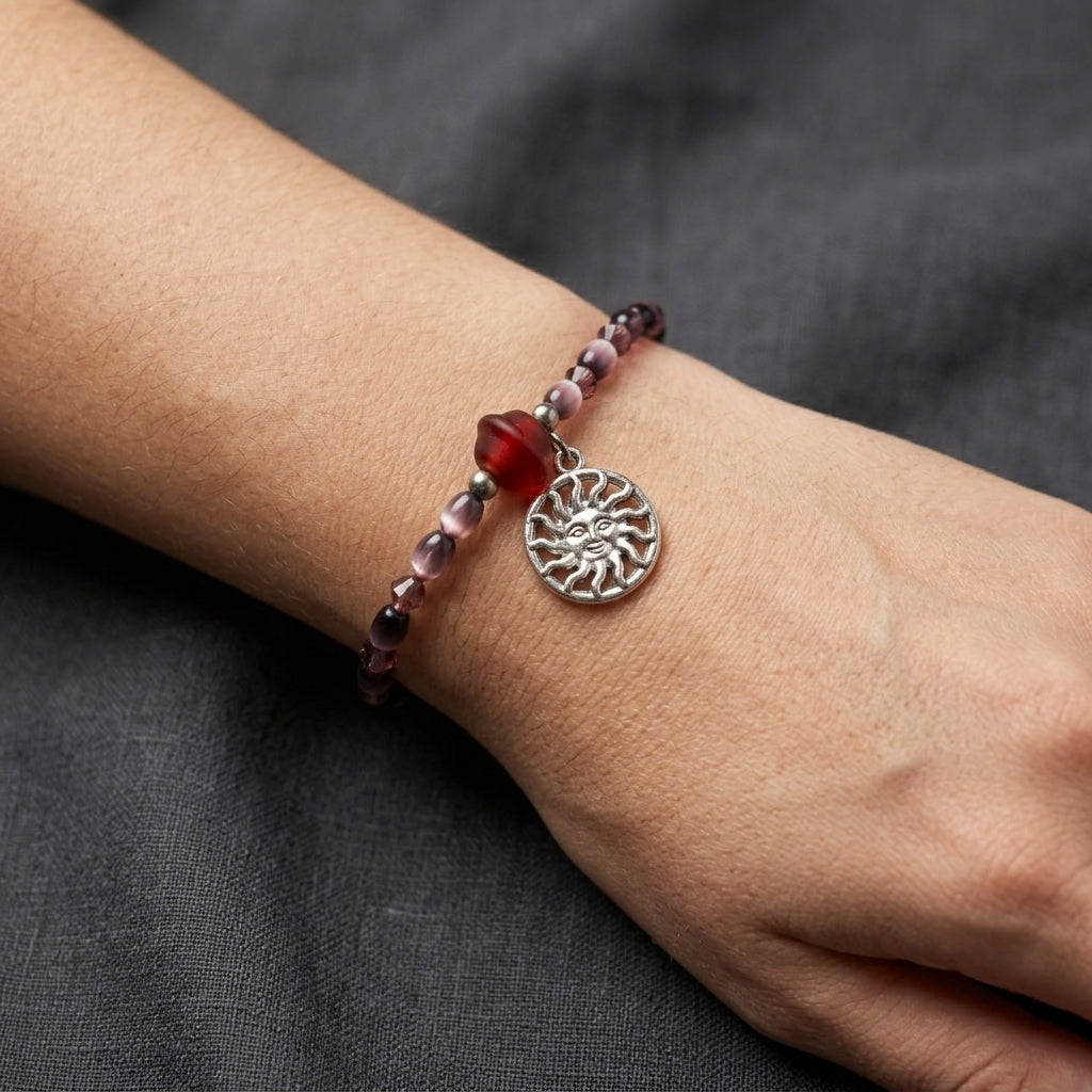 Bracelet - Hand Crafted - Sun Charm - Deep Plum - Cat Eye Glass Beads - Clasp Closure - 7"
