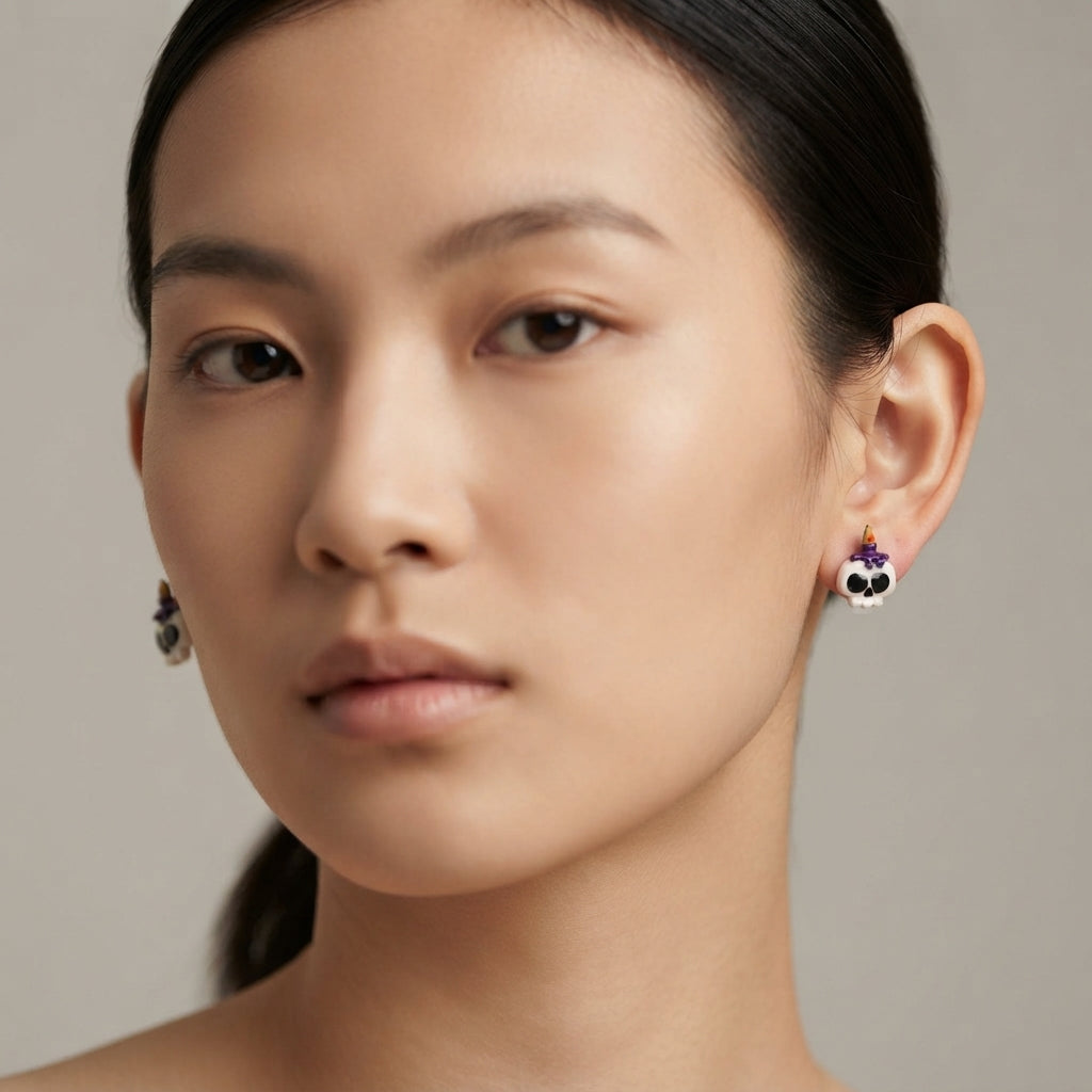 Earrings - Handmade - Skull and Candle on it's Head - Stud