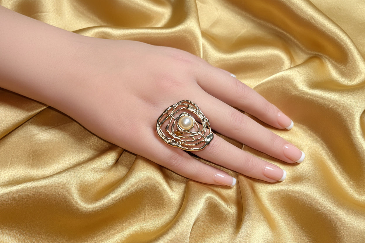 Ring - Abstract Swirl Gold Tone Statement with Center Pearl