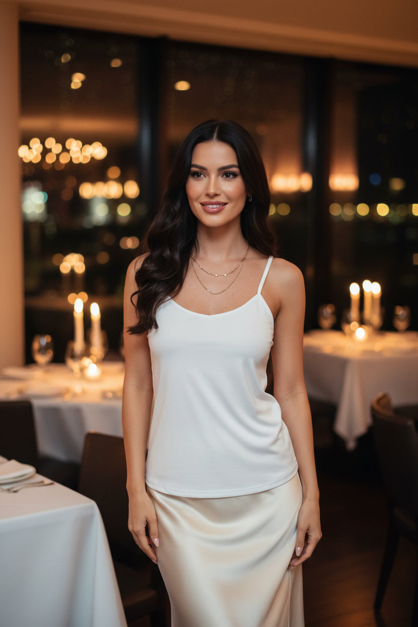 Camisole - White - Silky Polyester - V-Neck