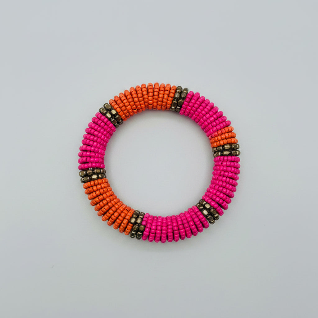 Bracelet - Vintage - Seed Beaded - Stretch - Orange & Pinks with Copper