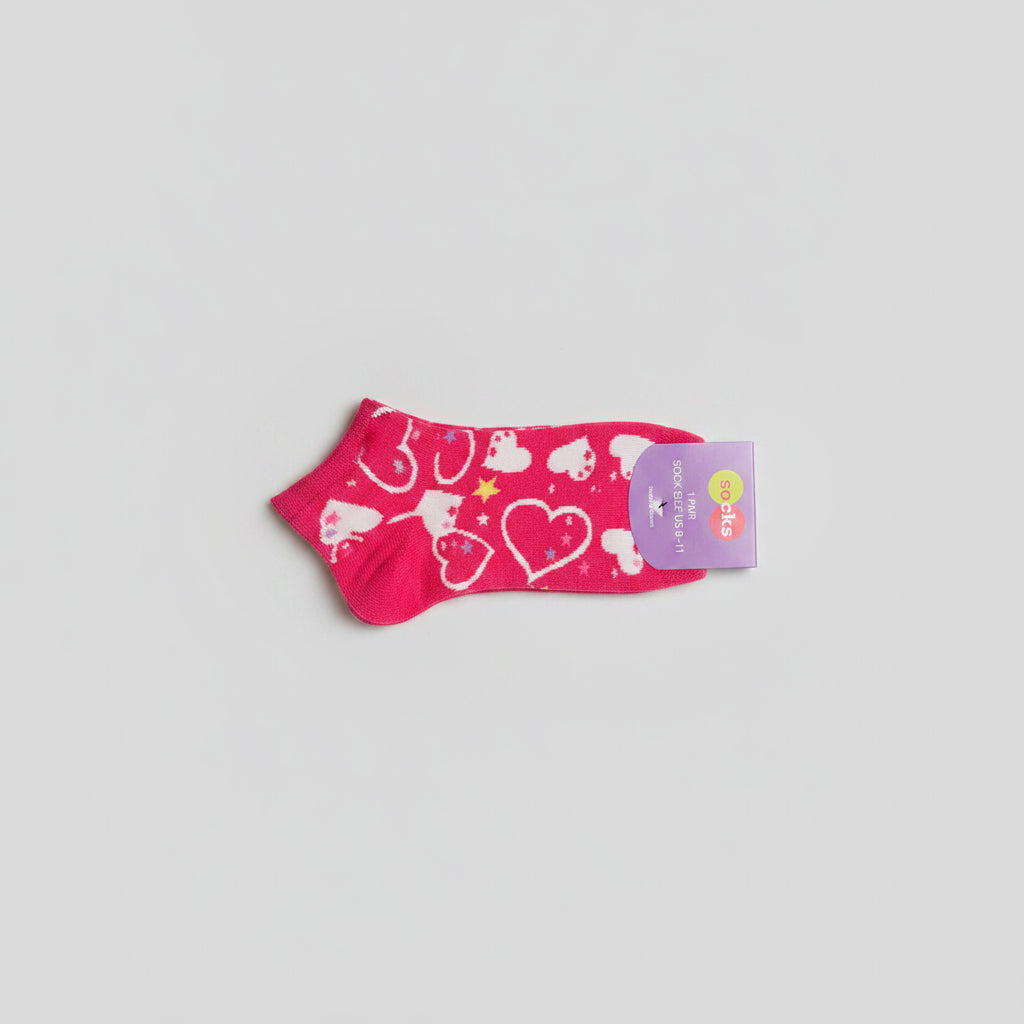 Ankle Socks - Bright Pink with White Hearts - Size 9-11
