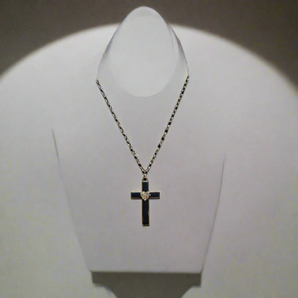 Necklace - Black Cross Pendant with Crystal Heart