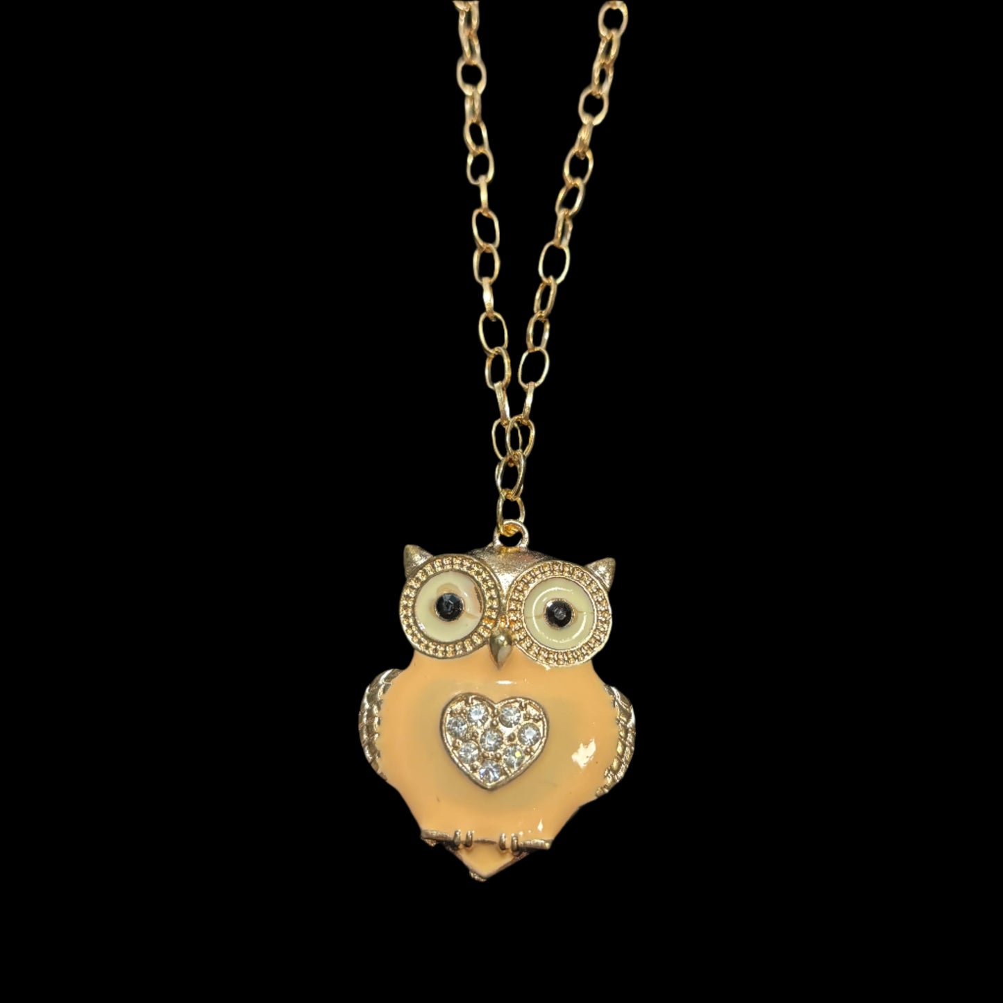 Necklace - Enamel Owl with Rhinestone Heart Center