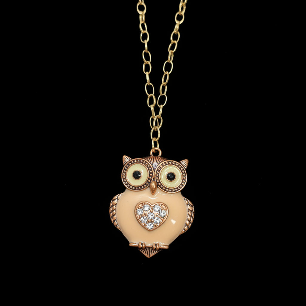Necklace - Enamel Owl with Rhinestone Heart Center