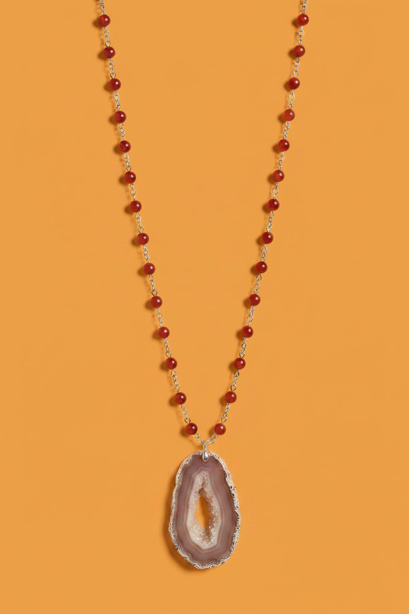 Handmade - Long Beaded Necklace with Vibrant Carnelian Open Charm with Gold Trim