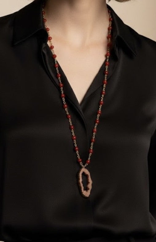 Handmade - Long Beaded Necklace with Gem Charm