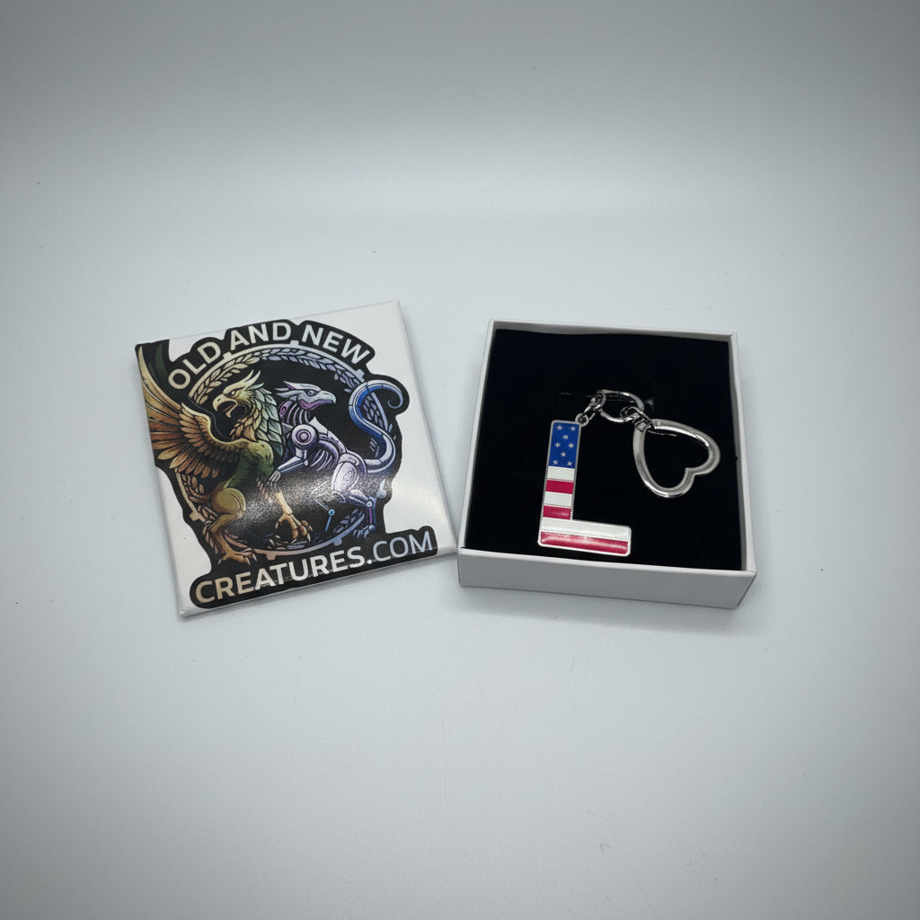 Keychain - Letter "L" Silver Tone with Red, White & Blue Flag Enamel