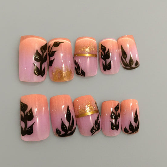 Press on Nails - Pink Ombre with Black Leaves - FREE Mystery Hair Scrunchie included