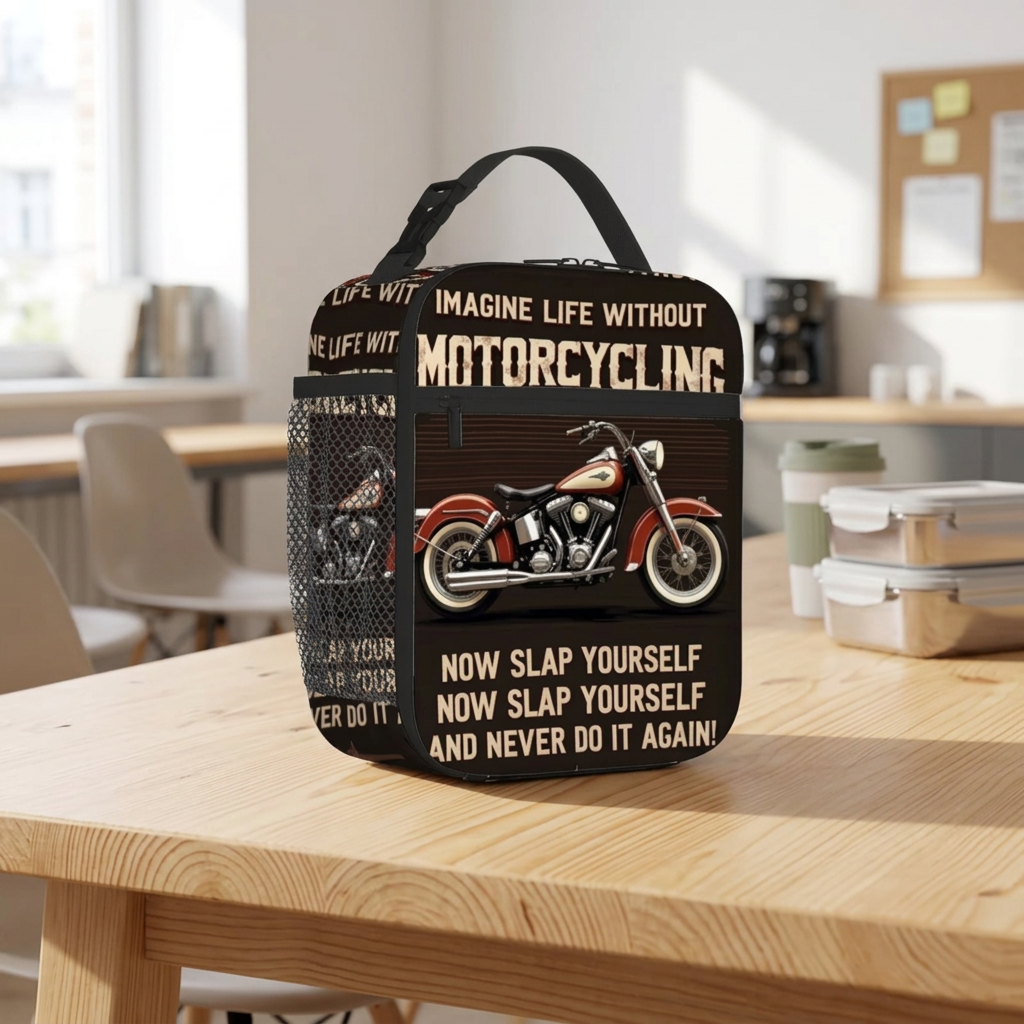Lunch Bag - Imagine Life Without Motorcycling - Insulated Lunch Bag - Cooler Tote - with Mesh Side Pocket