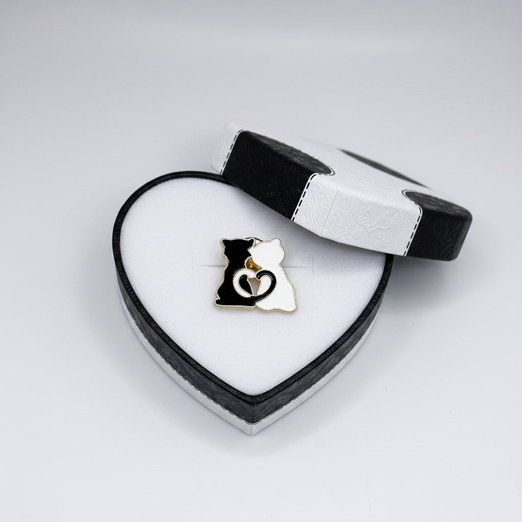 Lapel Pin - Black and White Cats forming Heart with tails