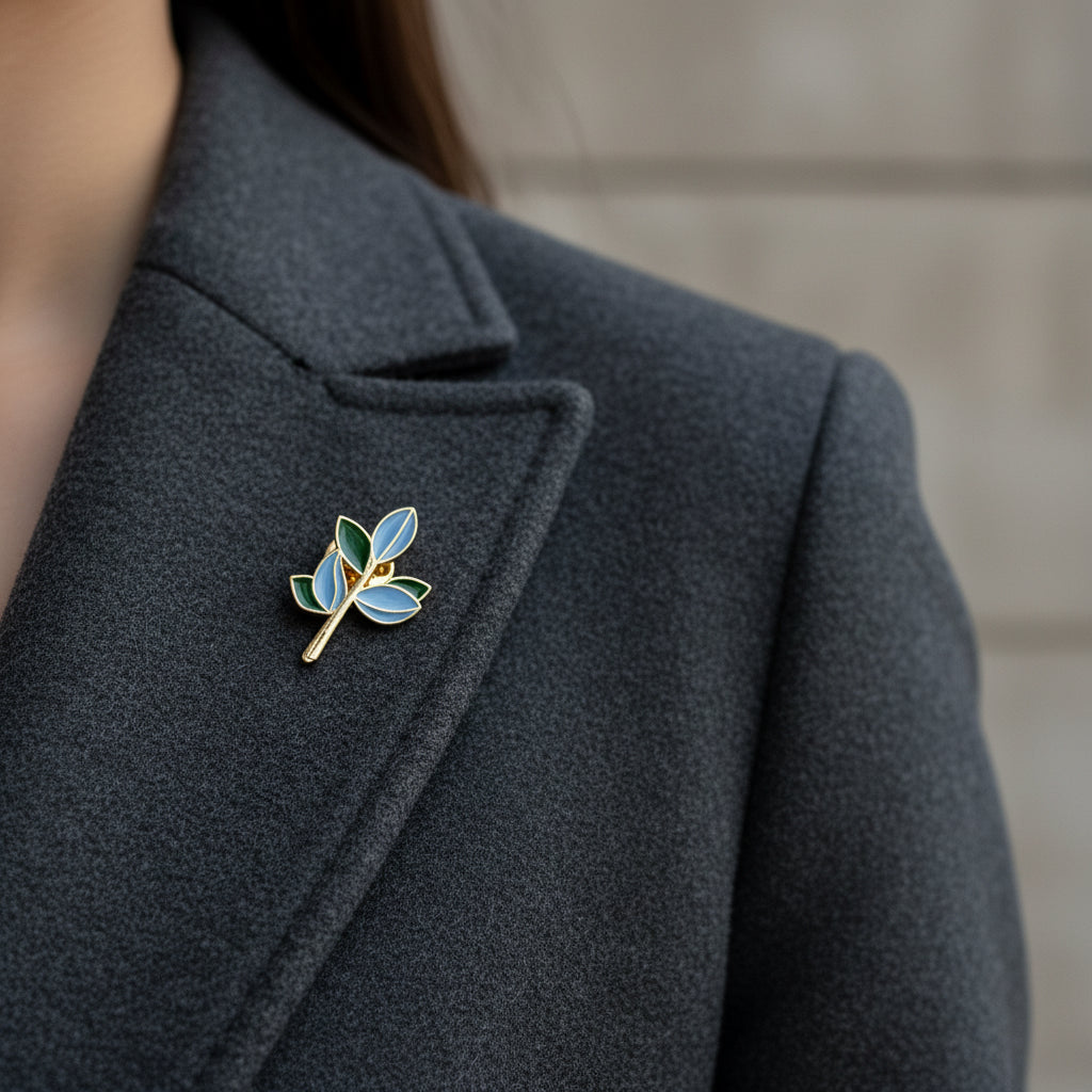 Lapel Pin - Leafy Branch - Pale Blue & Green