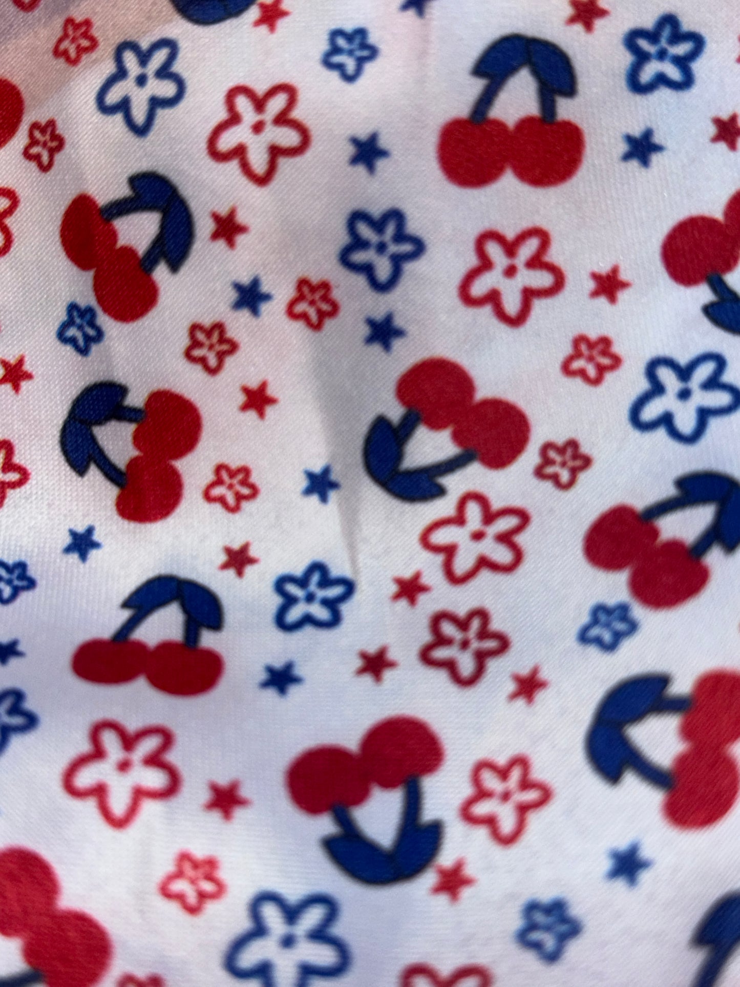 Hair Tie - Red Cherries - with White, & Blue Flowers - Scrunchie