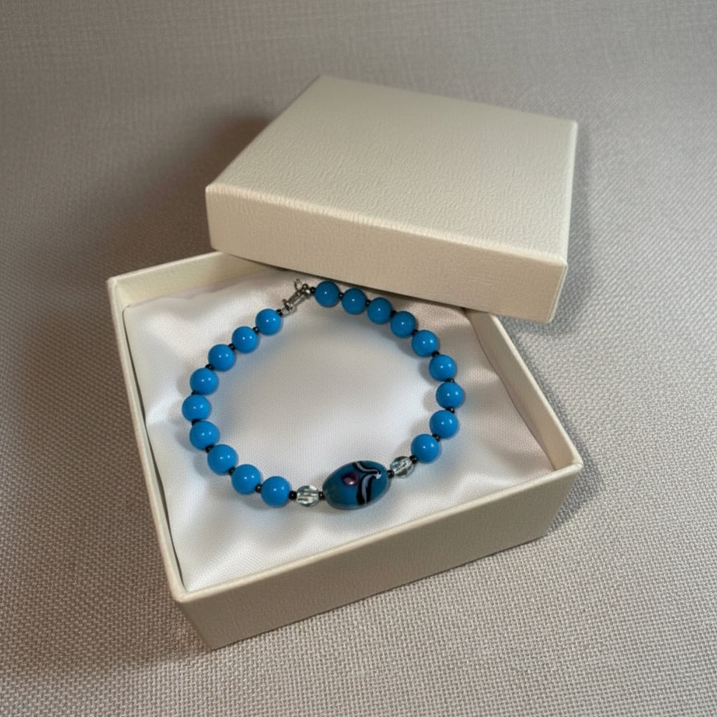Handmade - Glass Blue Beaded Bracelet with Lobster Clasp