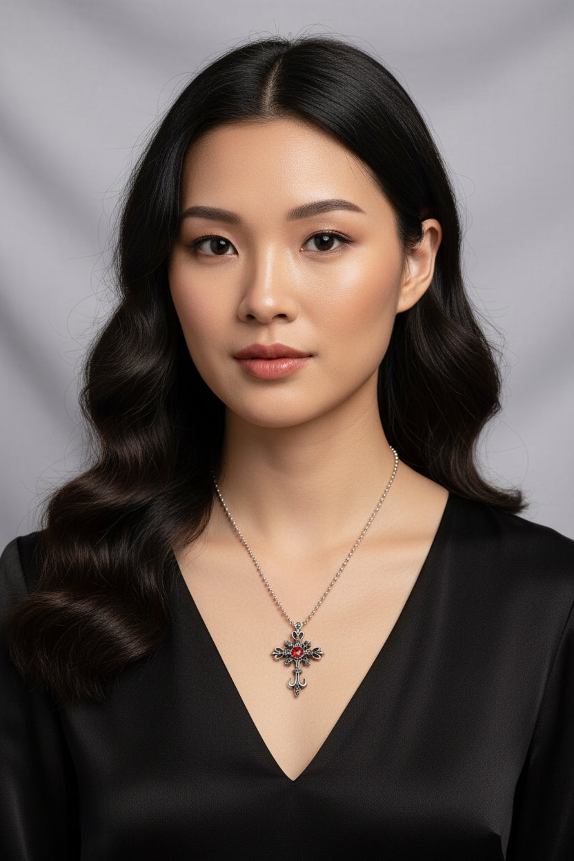 Necklace - Vintage Inspired - Filigree Silver Cross - with Red Gemstone