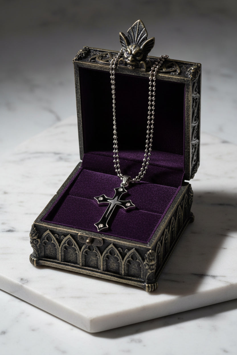 Necklace - Gothic - Polished Silver - Crucifix - Black Obsidian Enamel
