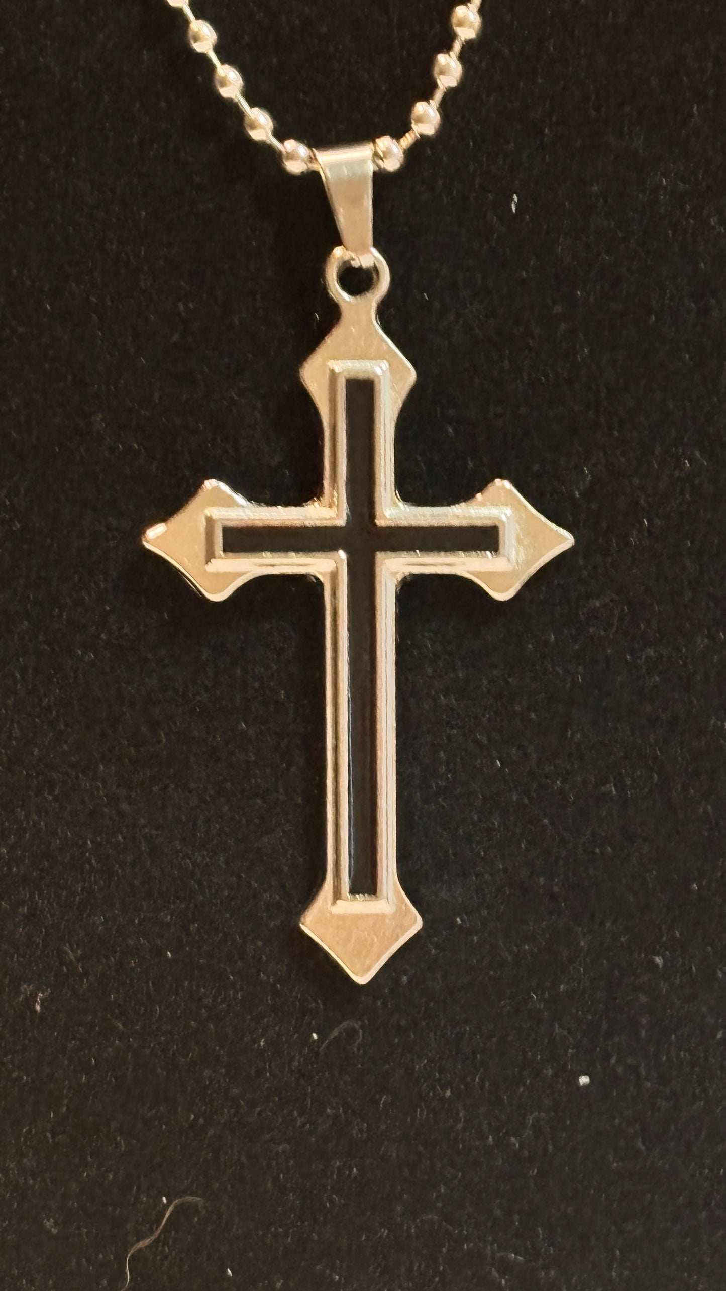 Necklace - Gothic - Flared Cross - Pendant - with Sleek Black Inlay & Ball Chain