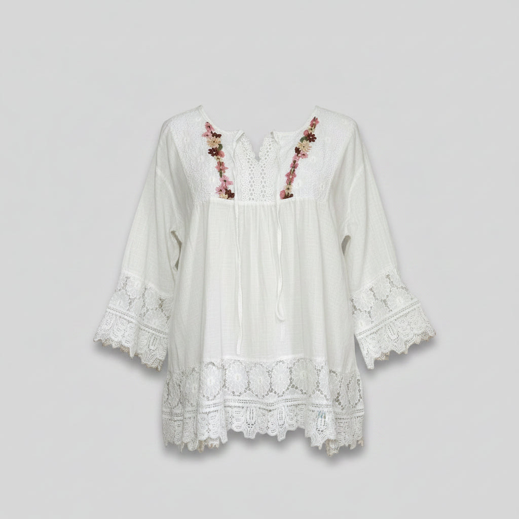 Blouse - White - Floral Lace V Neck