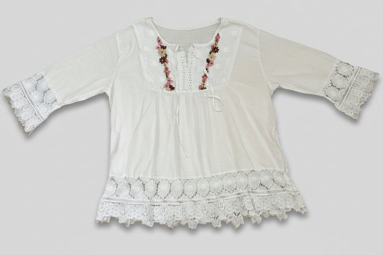 Blouse - White - Floral Lace V Neck