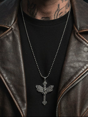 Necklace - Gothic - Pendant - Detailed Cross - with Moth and Skull Motifs