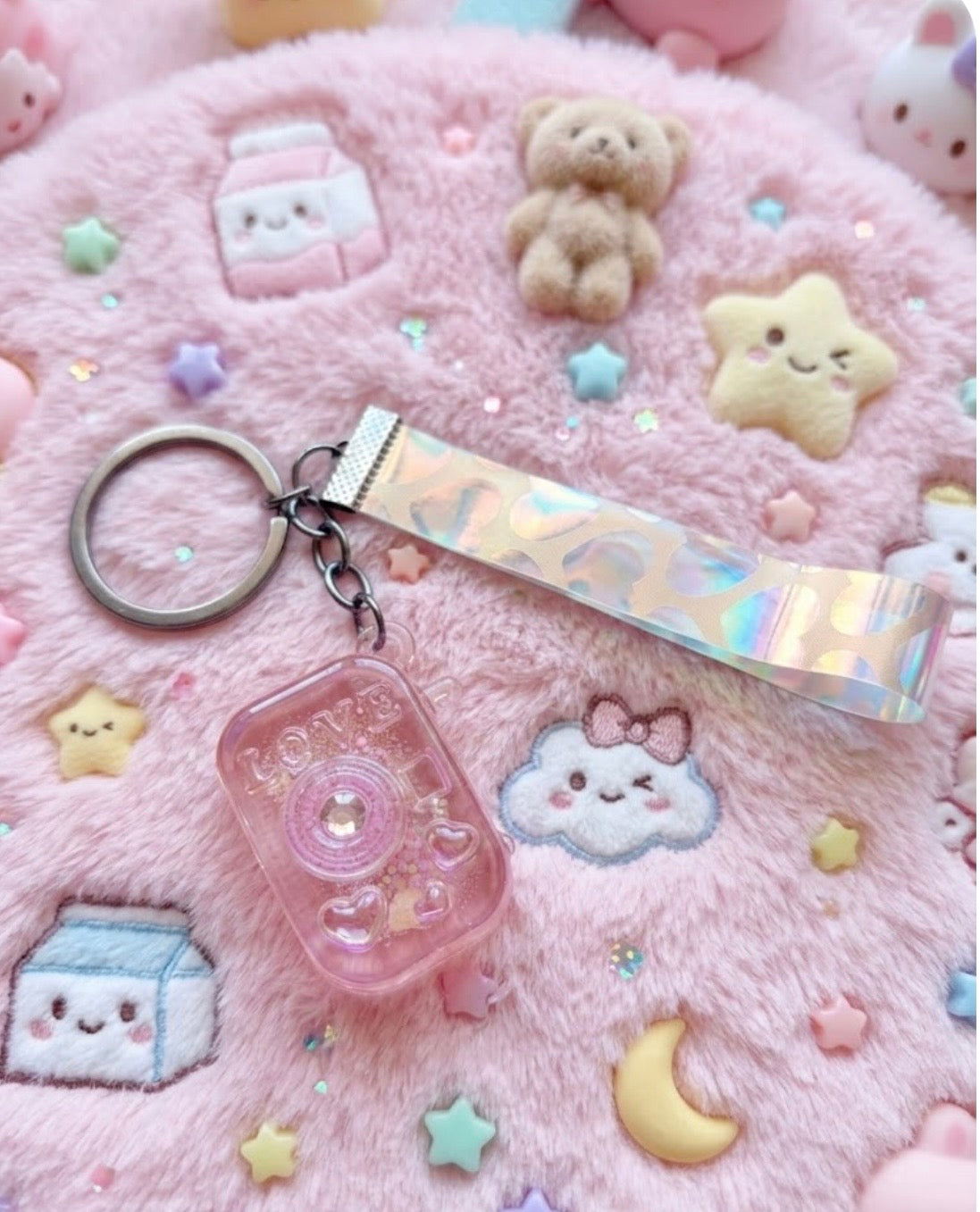 Keychain - Pink Transparent Kawaii Camera Charm with Iridescent Heart Print Wristlet