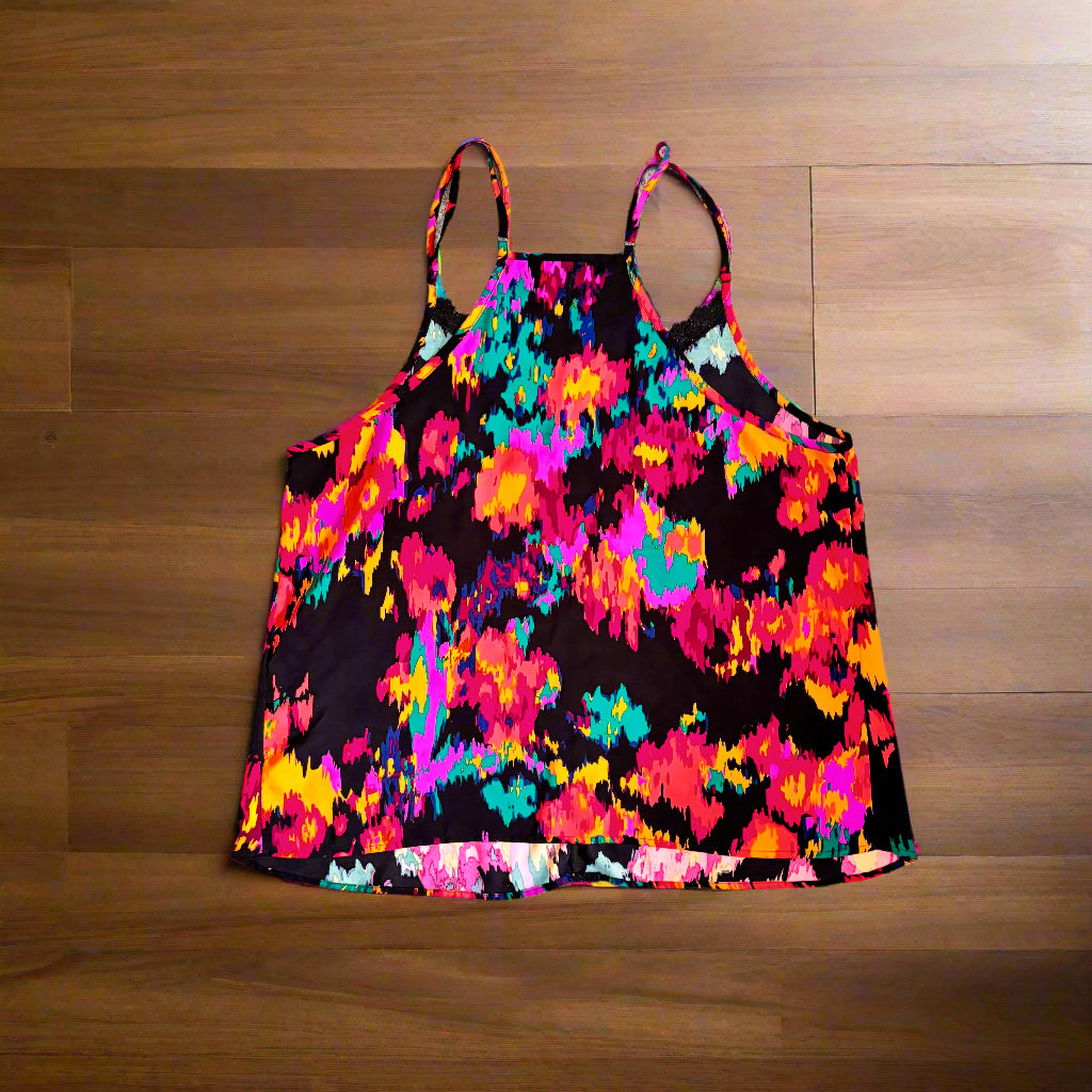 Ladies Cami Top - Vibrant Abstract Print with Black Lace Accent