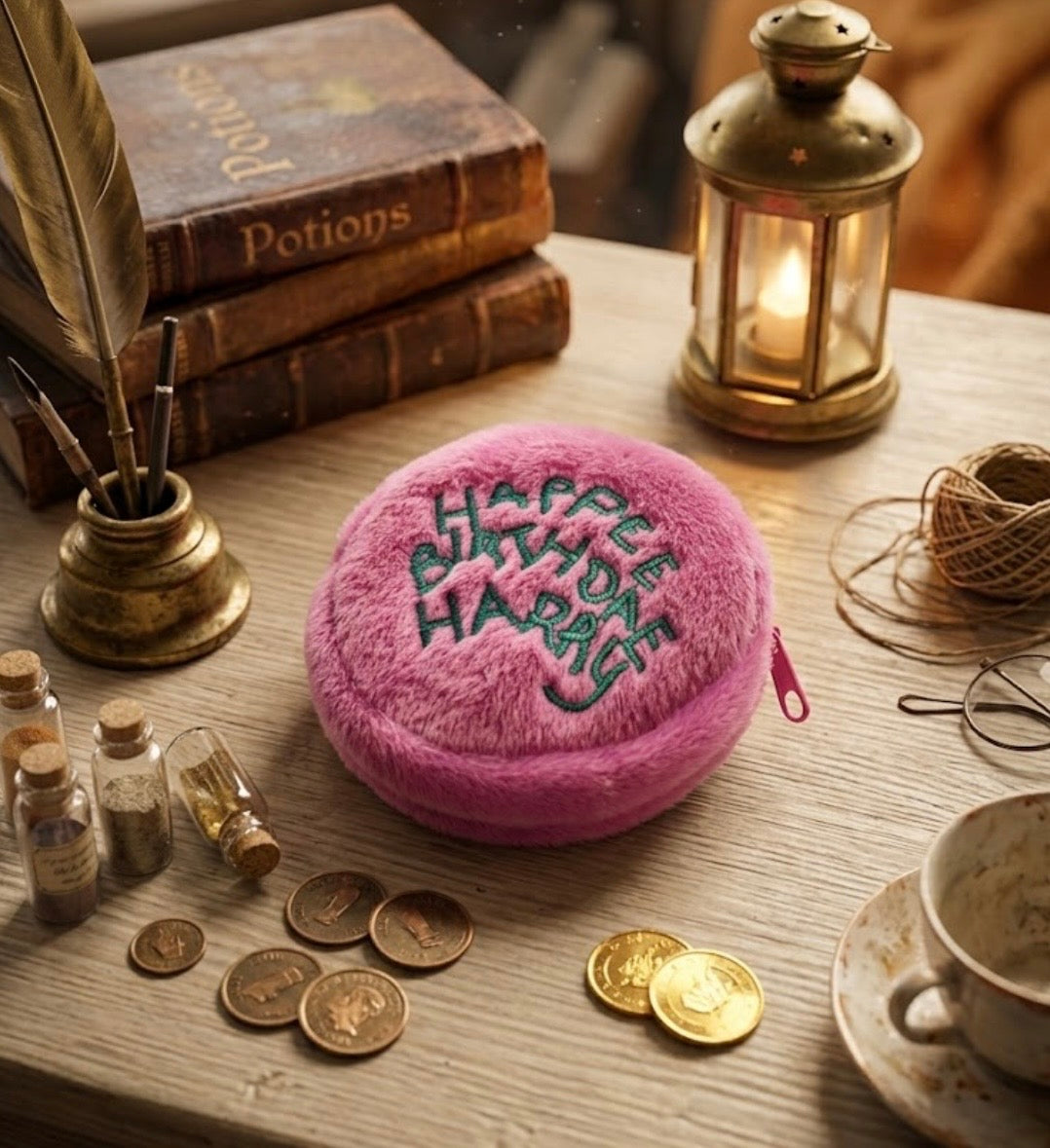 Harry Potter - Pink Furry Coin Purse with Green Carabiner Keychain