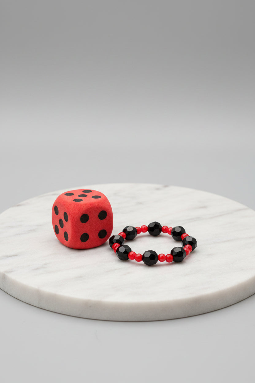 Bracelet - Red & Black Glass Beads with Matching Dice - 2 pc Set