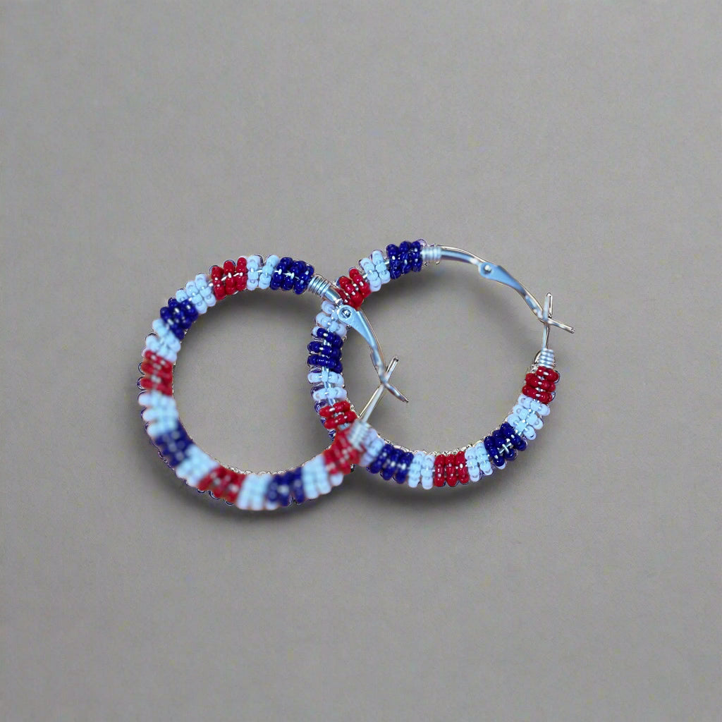 Earrings - Patriotic Red, White, and Blue Beaded Hoops