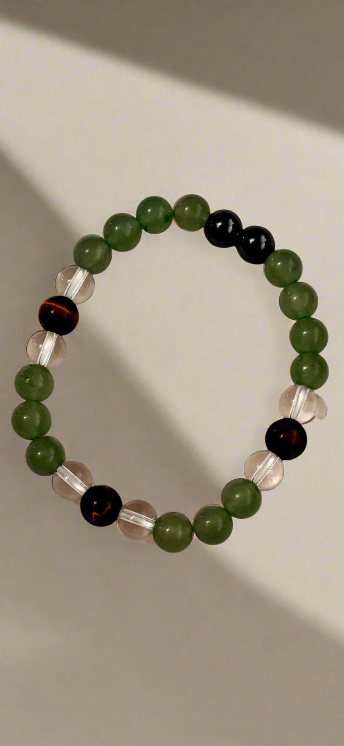 Bracelet - Beaded - Clear Quartz, Tiger's Eye, Hematite, and Green Aventurine