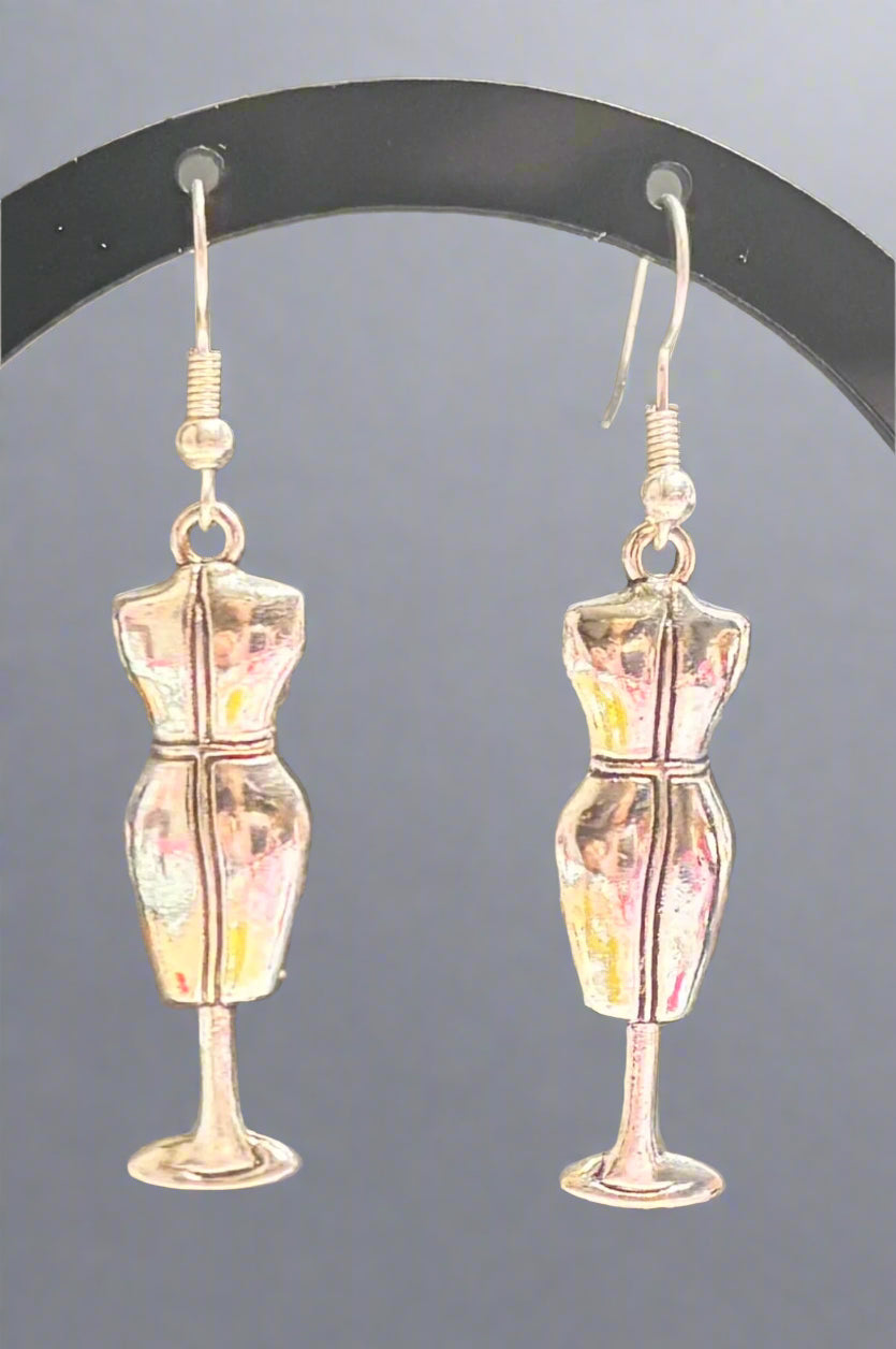 Earrings - Silvertone Miniature Dressmaker's Mannequin