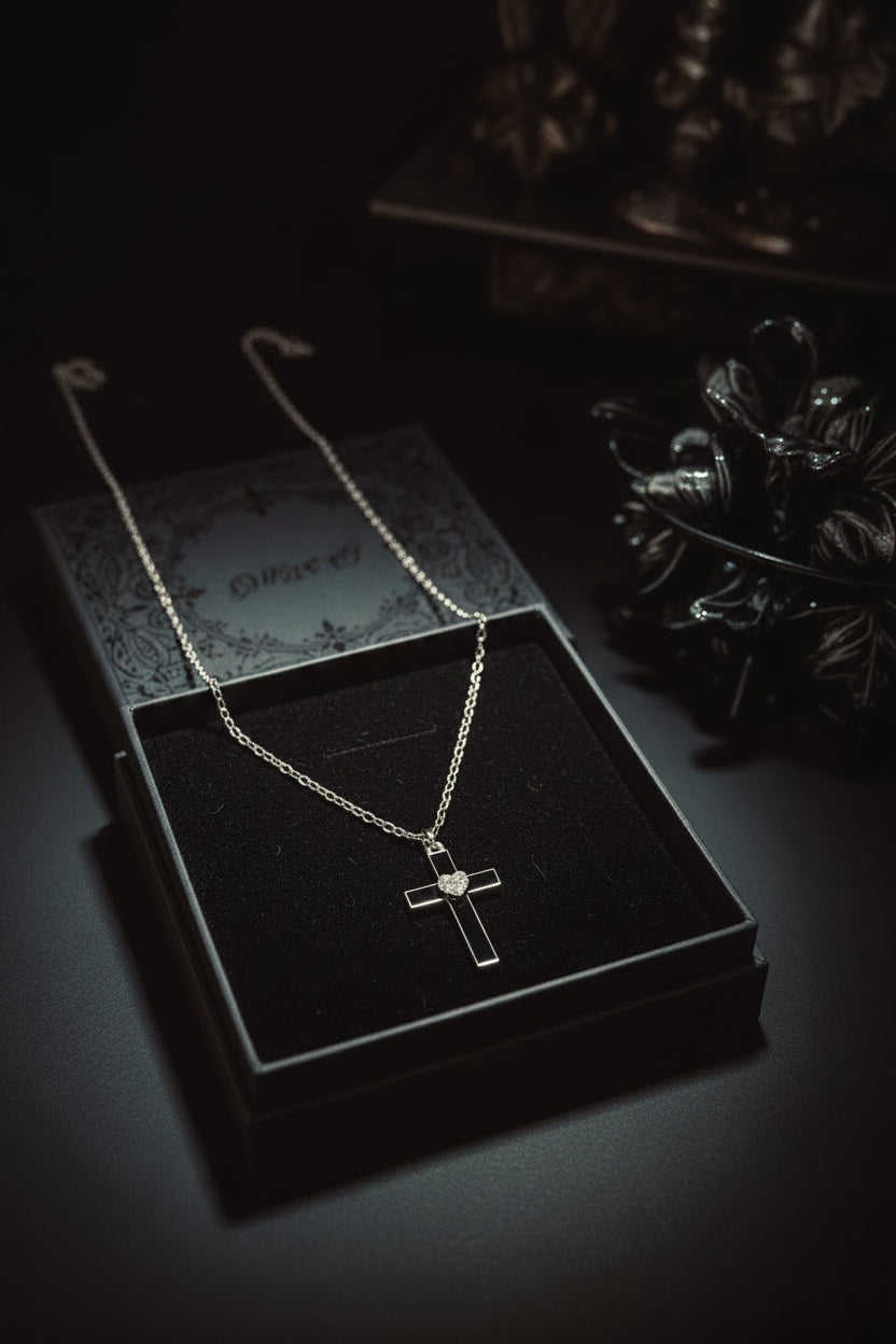 Necklace - Gothic - Polished Silver - Black Enamel Crucifix - with Rhinestone Shaped Heart