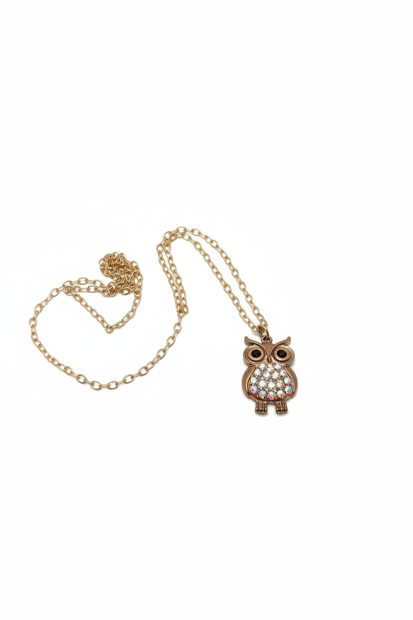 Necklace - Rhinestone - Owl Pendant - Bronze Tone