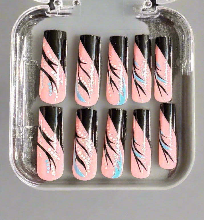 Press on Nails - Black French Tip - FREE Mystery Hair Scrunchie included