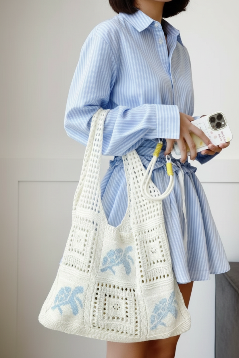 Tote Bag - Handcrafted Crochet - with Light Blue Sea Turtles