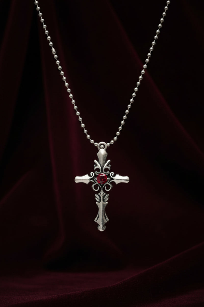 Necklace - Gothic - Silver Tone - Cross - with Red Crystal Centerpiece