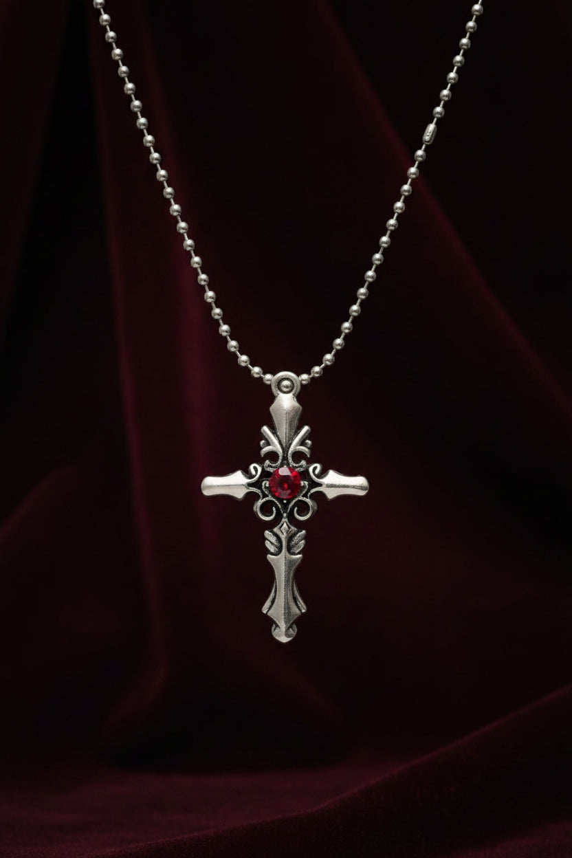 Necklace - Gothic Silver Tone Cross with Red Crystal Centerpiece