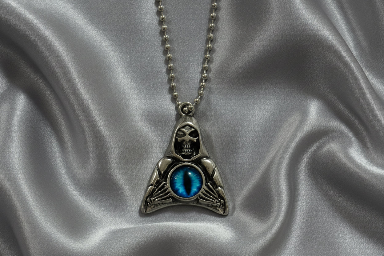 Stainless Steel Grim Reaper Skull Necklace with Blue Evil Eye Pendant