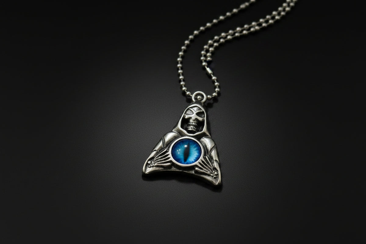 Necklace - Stainless Steel - Grim Reaper Skull - with Blue Evil Eye - Pendant