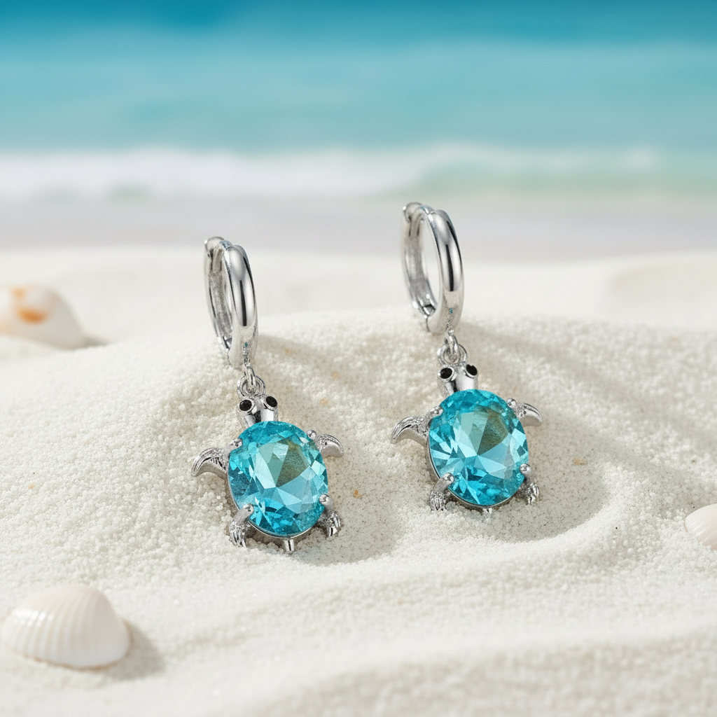 Earrings - Silver Tone Sea Turtle with Blue Crystal Body