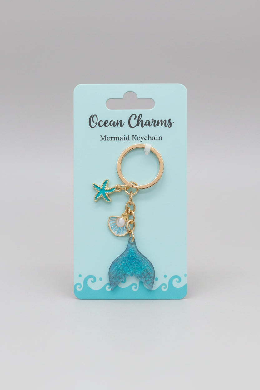 Keychain - Gold Tone - Mermaid Tail Starfish & Seashell - Bright Blue