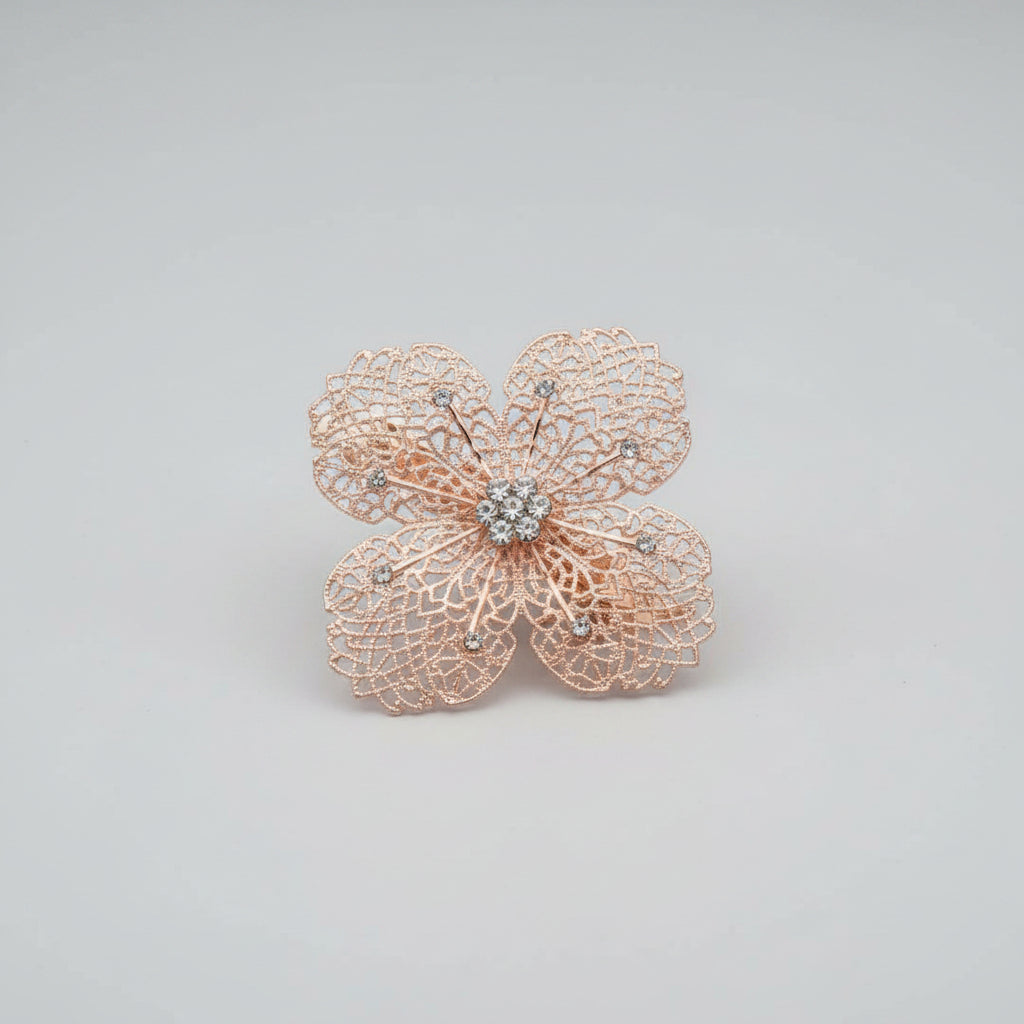 Hair Clip - Rose Gold - Filigree - Clover - Flower - with Rhinestones