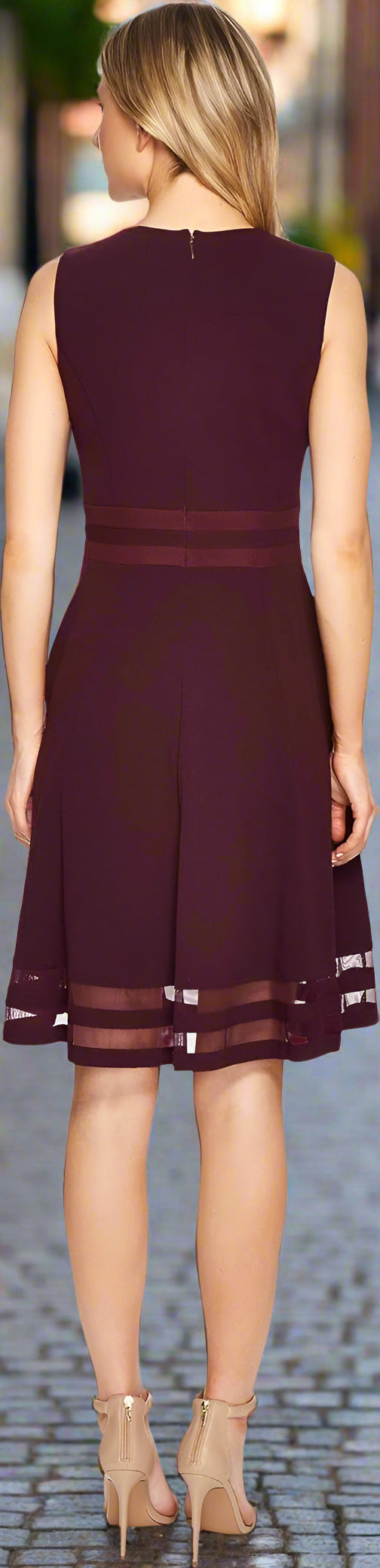 Dress - Calvin Klein - Fit and Flare with Illusion Trim Details - Burgundy - Size 6