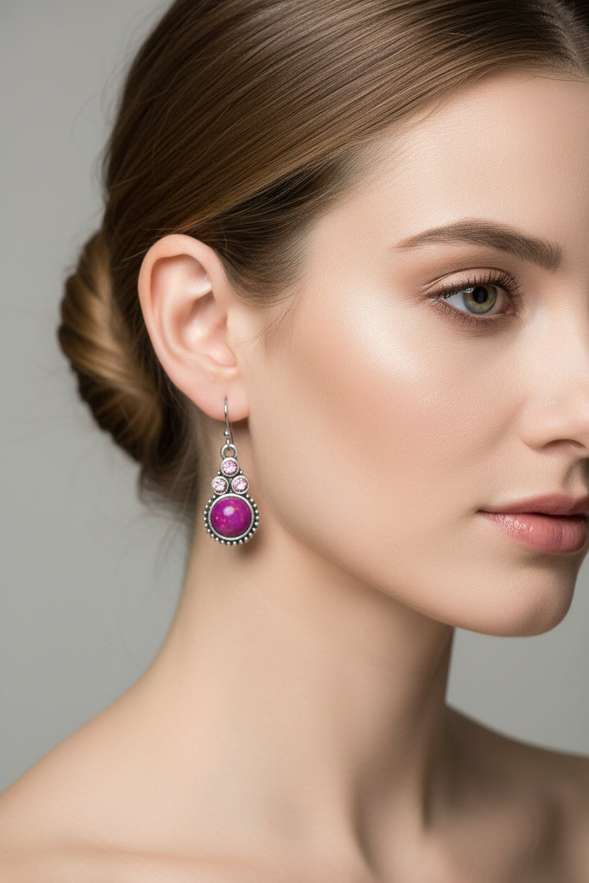 Earrings - Silver Tone - Magenta with Orange and Pink Splatters