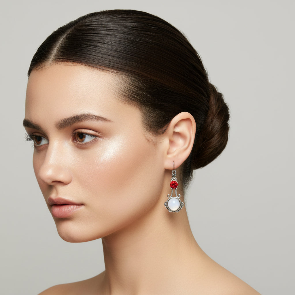Earrings - Silver-Toned - Swirls Paired - with Vibrant Red Rhinestone - White Moonstone