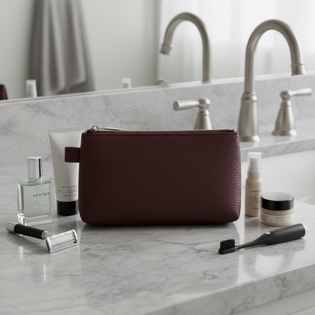 Cosmetic Bag - Rich Pebble Grain - Deep Burgundy - Polished Silver Tone
