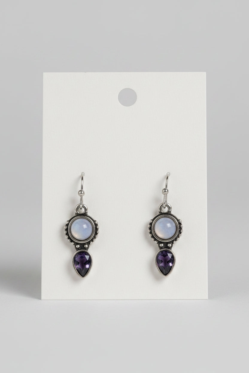 Earrings - Silver Tone - Filigree - with Moonstone and Amethyst