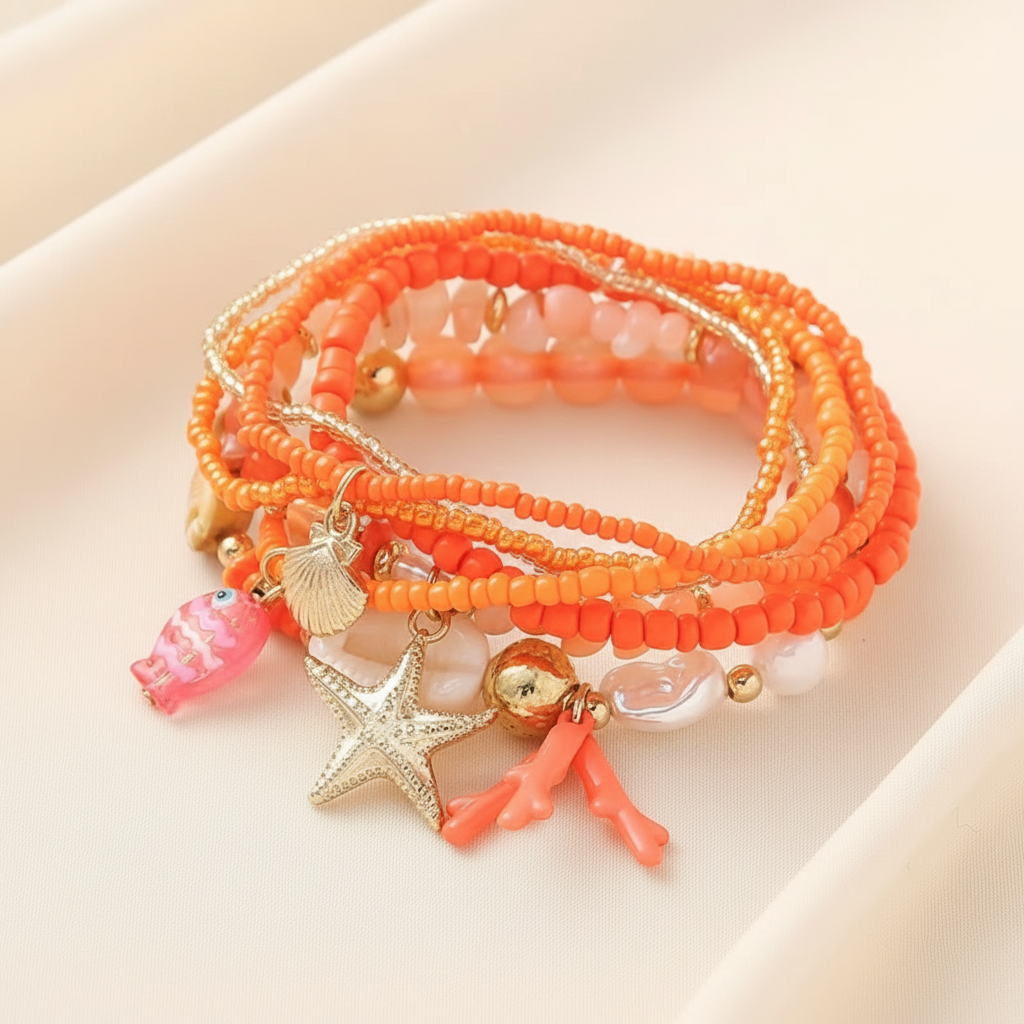 Bracelets - Set of Six - Ocean Theme - Mix of Orange
