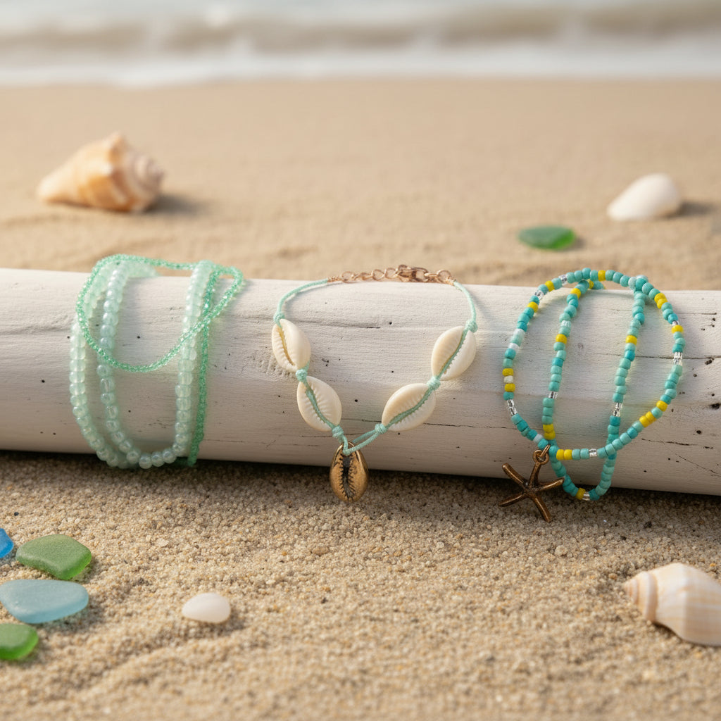 Bracelet - Light Green, Vibrant Blue, Yellow Seeded Beads - with Cowrie & Starfish Charms