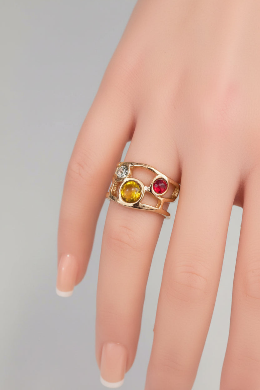 Ring - Adjustable - Open Ended Mesh Inlaid with Three Colorful Stones